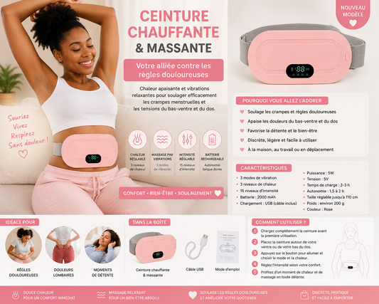 🌸 Ceinture Chauffante & Massante – Spéciale Règles Douloureuses