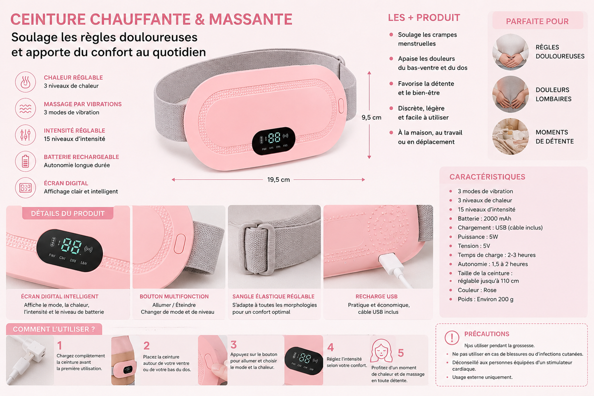🌸 Ceinture Chauffante & Massante – Spéciale Règles Douloureuses