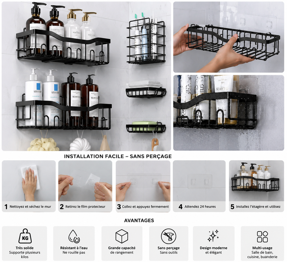 Étagère Murale 5 en 1 Sans Perçage – Organisateur Premium pour Salle de Bain